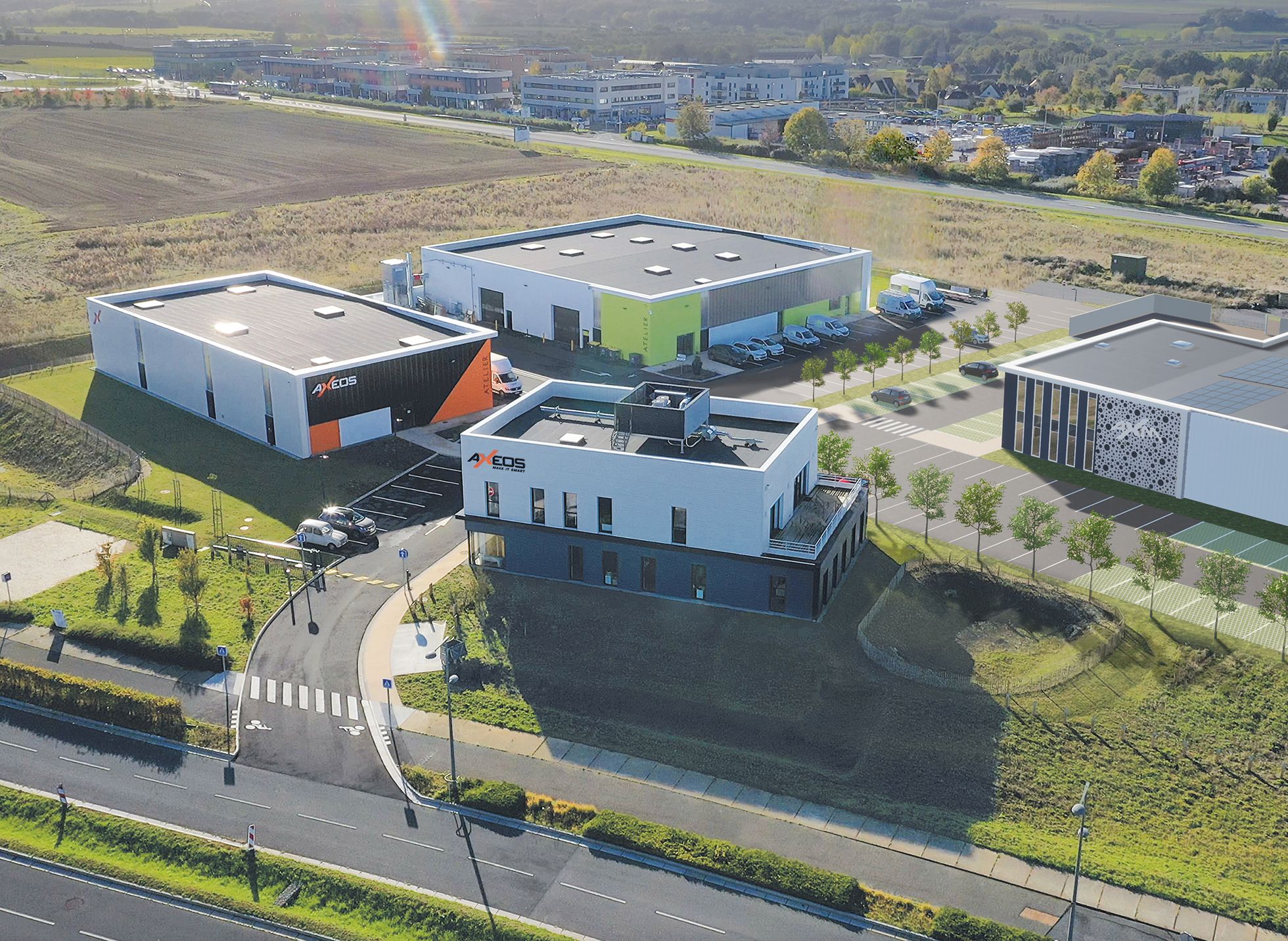 Vue aérienne sur une zone industrielle batiment AXEOS AXM fleury sur orne