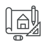 Une feuille avec un dessin de maison et des outils de conception, représentant l’architecture et la planification.