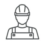 Icône d’un ouvrier portant un casque, symbolisant le travail dans la construction.